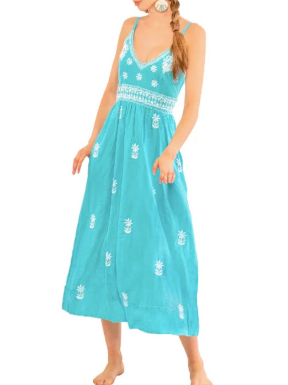 VACATION🔥 PREPPY PALM BEACH RESORTWEAR AQUA EMBROIDERED 100% COTTON MIDI DRESS
